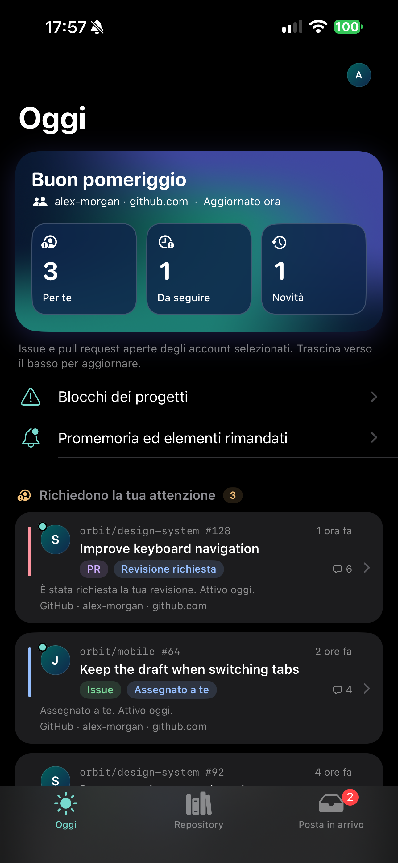 Schermata Oggi di Gitdeck su iPhone con dati fittizi