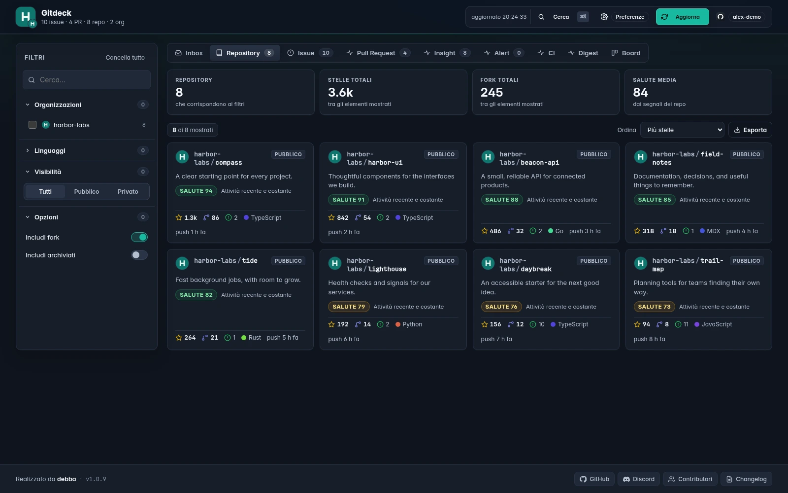 Dashboard web Gitdeck: Repository, con progetti e account dimostrativi