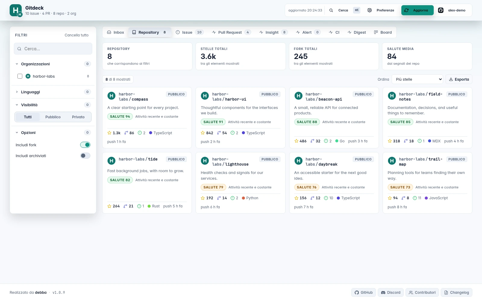 Dashboard web Gitdeck: Repository, con progetti e account dimostrativi